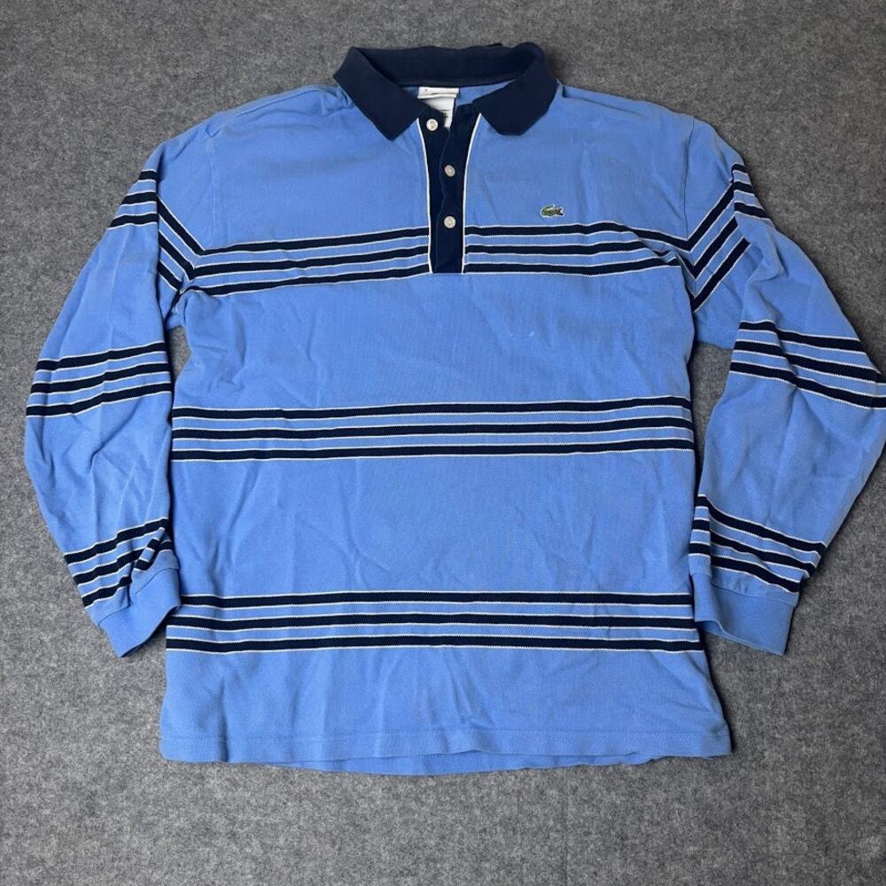 Lacoste Blue Stripes Long Sleeve Embroidered Croc Logo Polo Shirt Mens Size 7